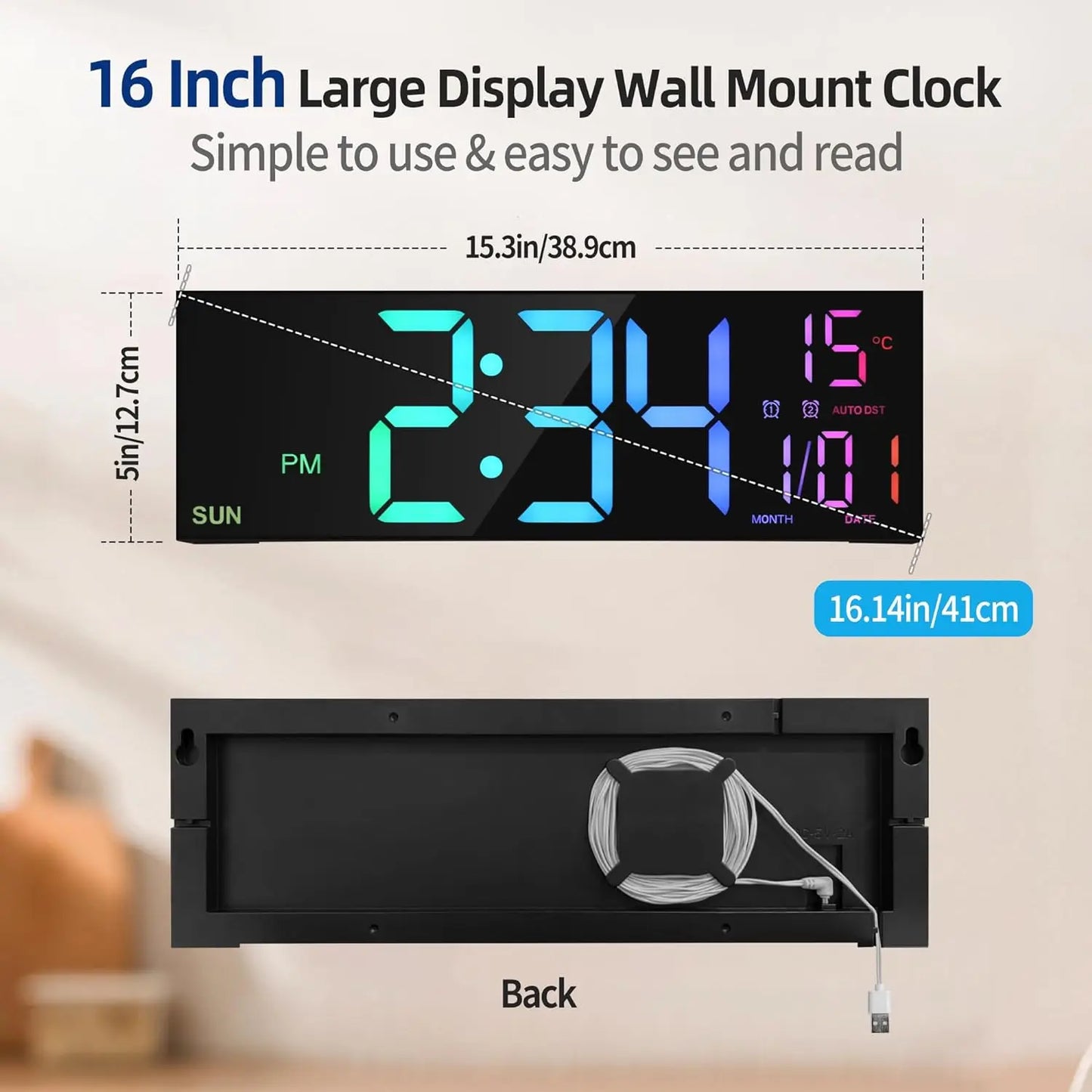 16.2" LED Digital Wall Clock with Remote
