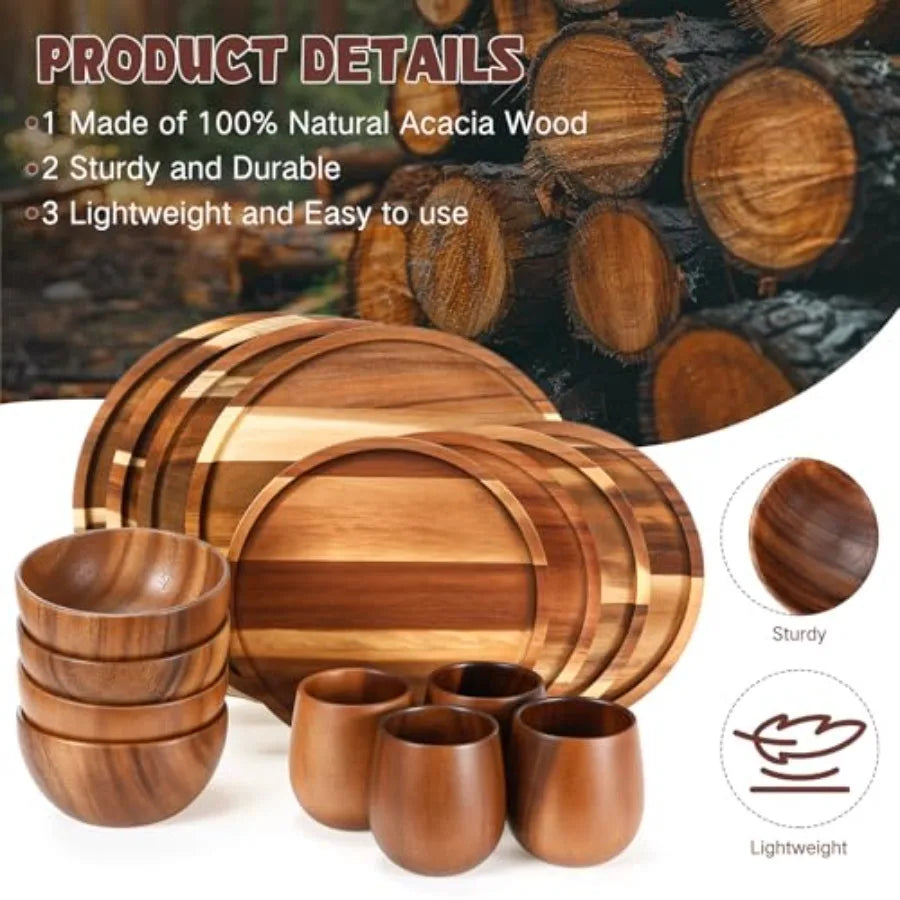 16 Pcs Acacia Wood Dinnerware Set Round Wooden Plates