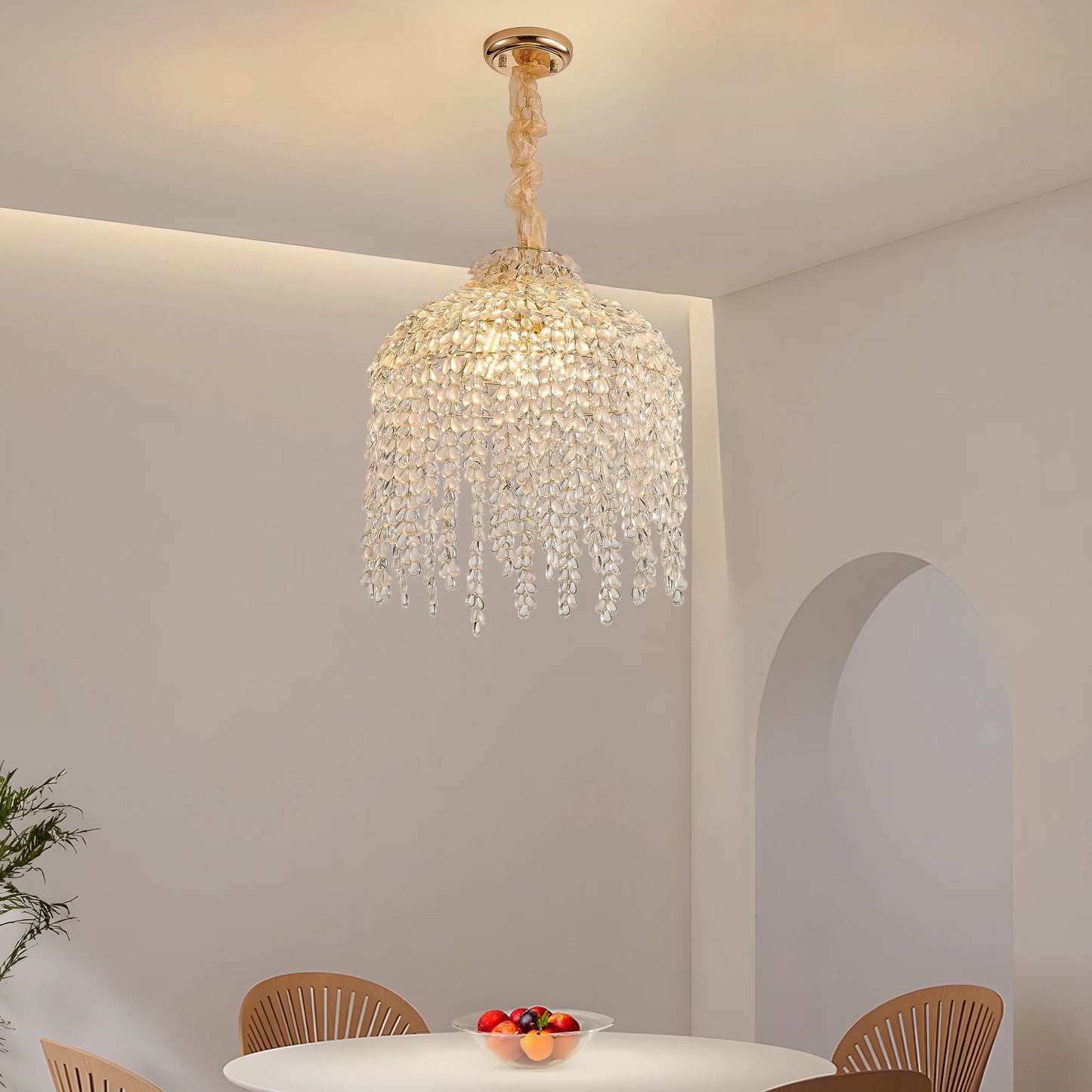 Crystal Waterfall Chandelier – 5 Light Gold Pendant (16”)