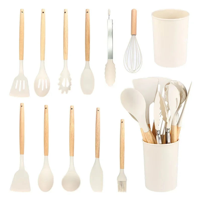 Silicone Kitchen Utensils Set Wooden Handle