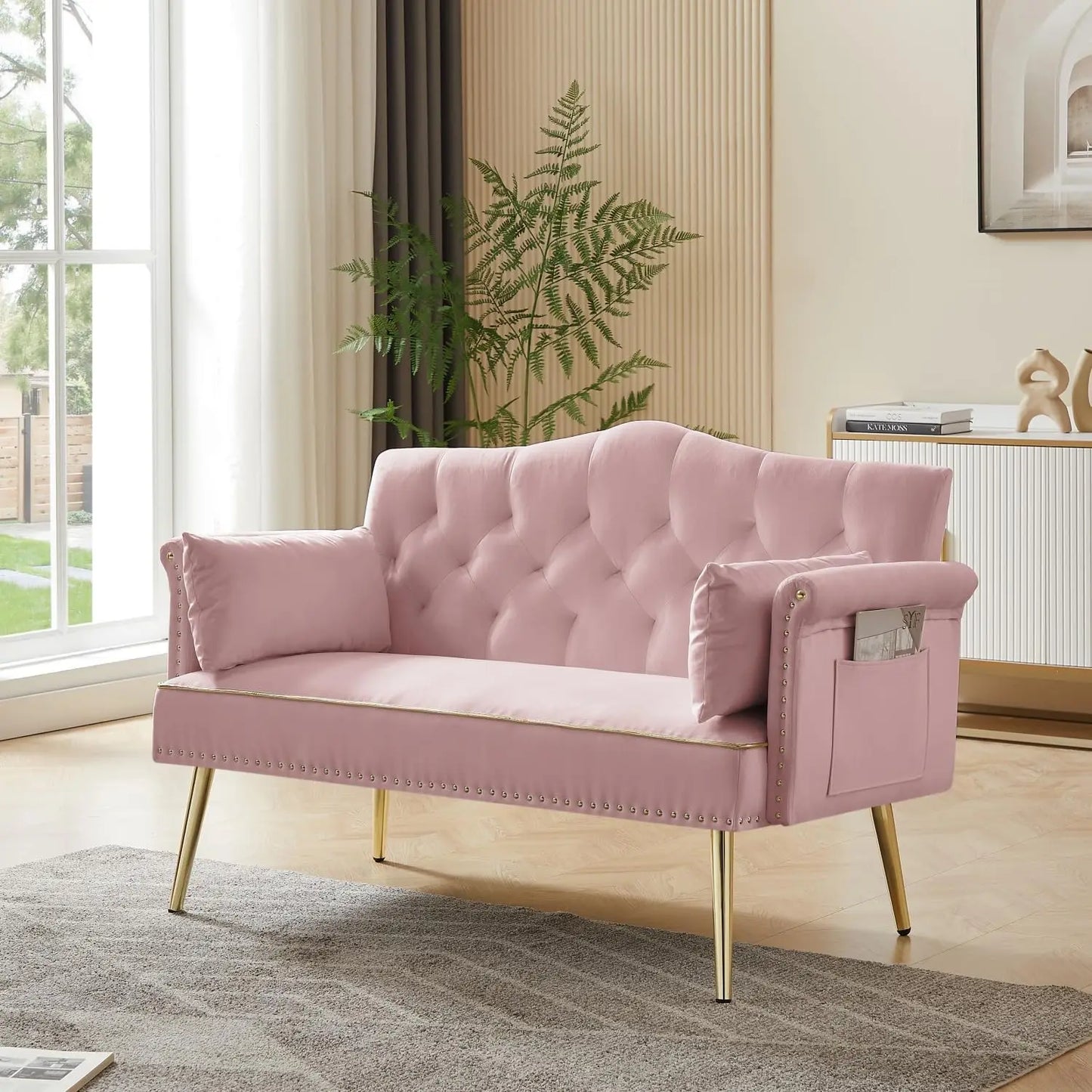 Modern Pink Velvet Sofa with Gold Legs
