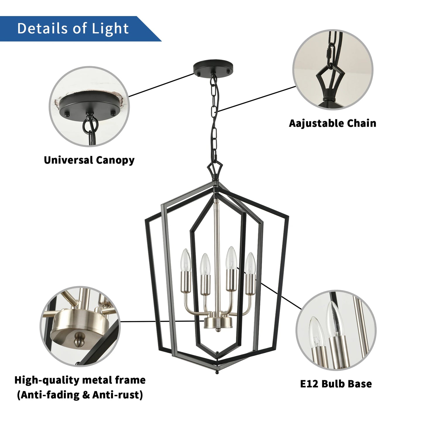 4-Light Farmhouse Industrial Lantern Chandelier – Pendant Light for Kitchen Island & Dining Room