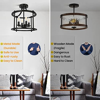 Farmhouse Semi Flush Mount Ceiling Light – 4-Light Industrial E12 Rustic Vintage Chandelier