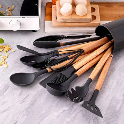 Silicone Kitchen Utensils Set Wooden Handle