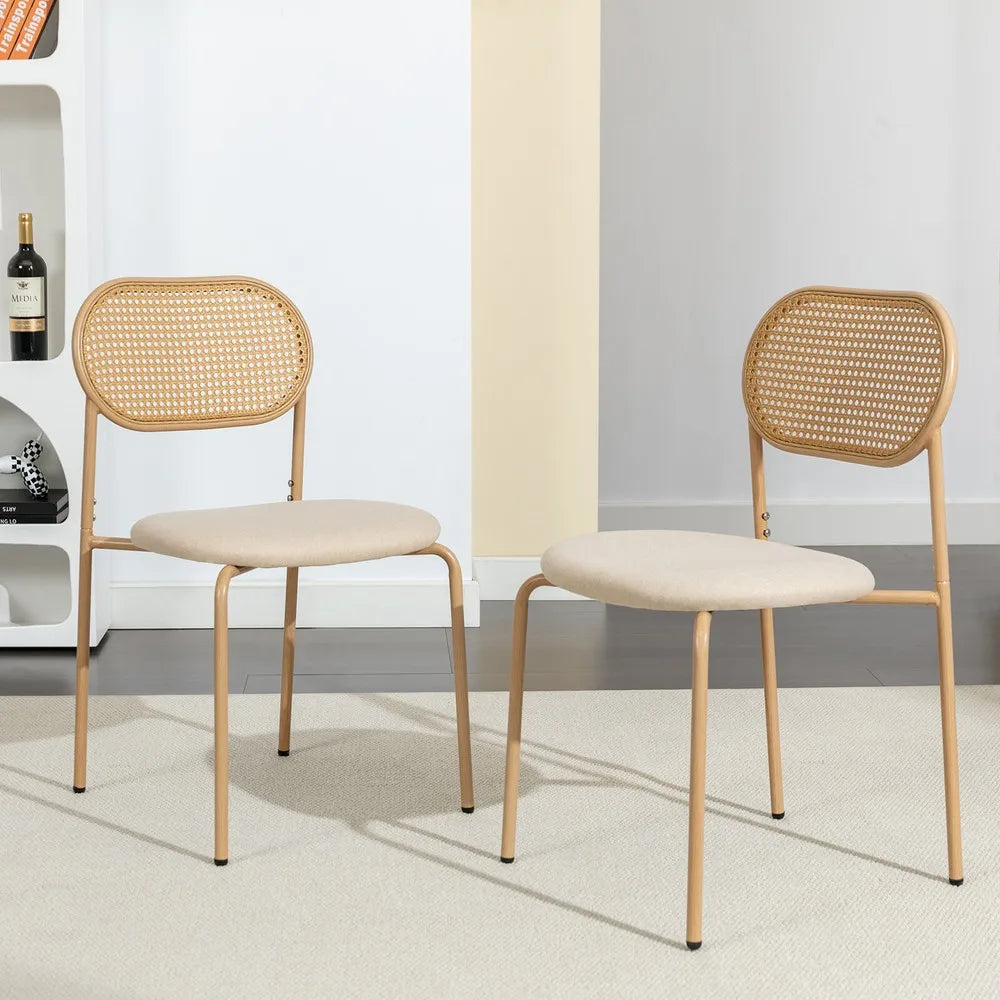 Upholstered Dining Chair with Rattan Back & Metal Legs