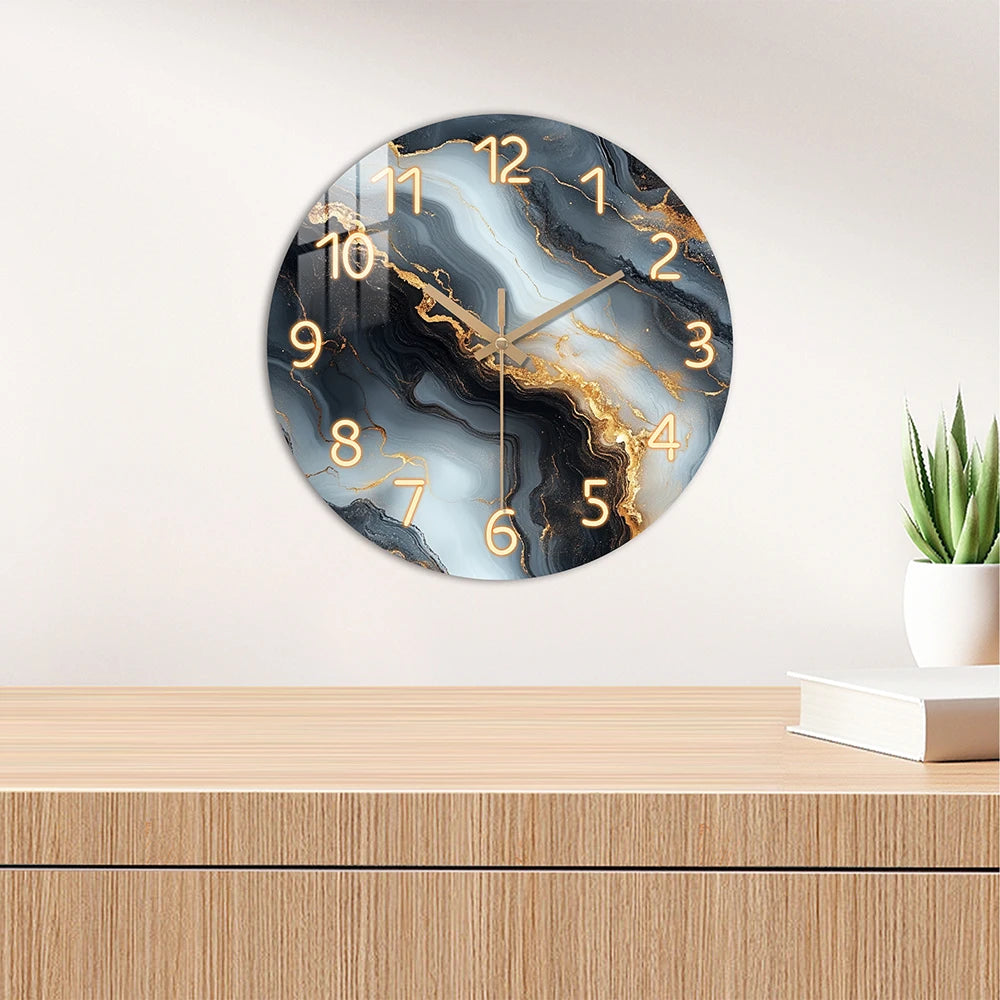 Blue Gold Marble Wooden Wall Clock