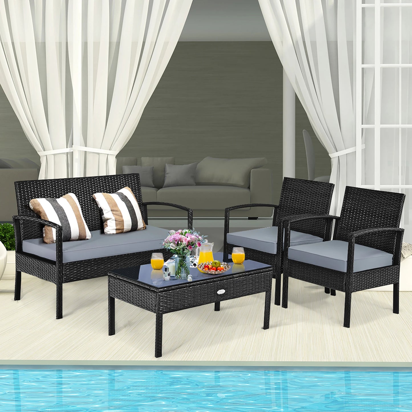 4-Piece Black Rattan Patio Set