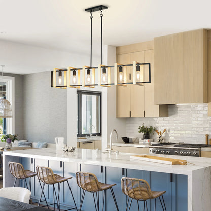 Farmhouse Kitchen Island Pendant Light – Dimmable Wood Shade Chandelier for Dining Room