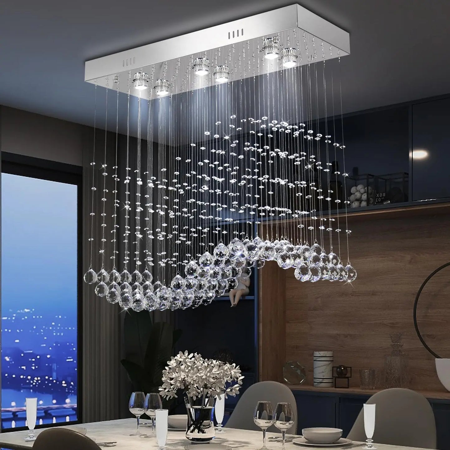 Rectangular Linear Crystal Chandelier for Kitchen Island,
