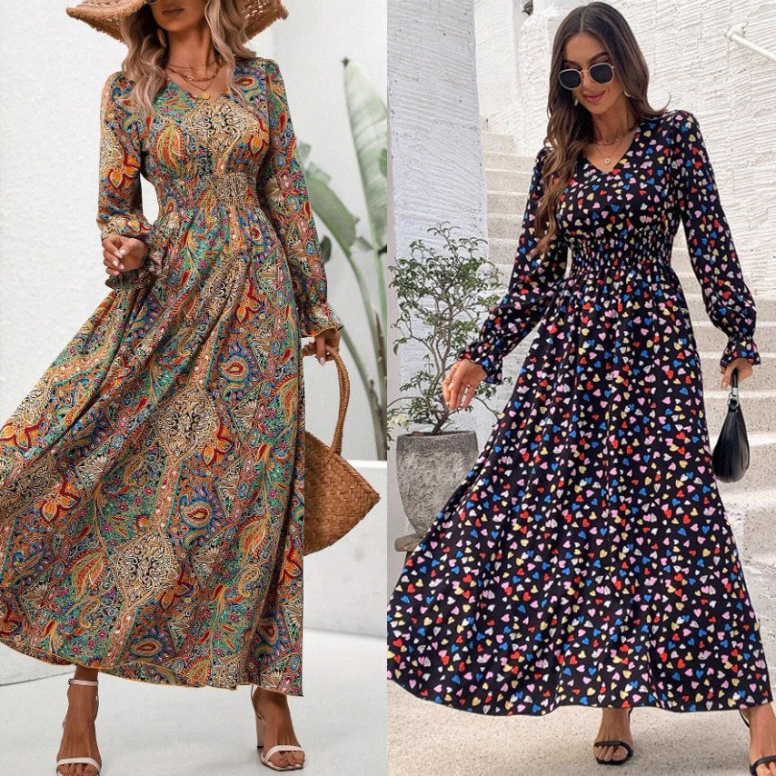 Floral-print V-neck Long-sleeve Swing Maxi Dress