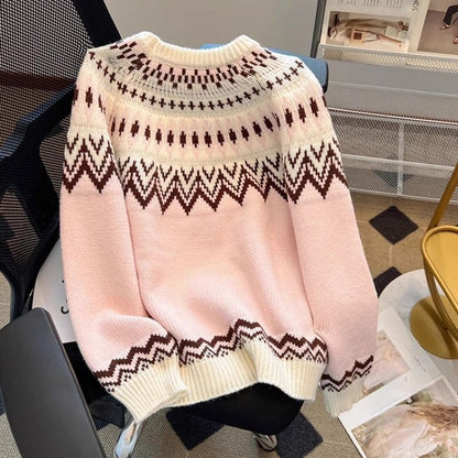 Womens Fair Isle Pullover Loose-Fit Extra-Soft Sweater