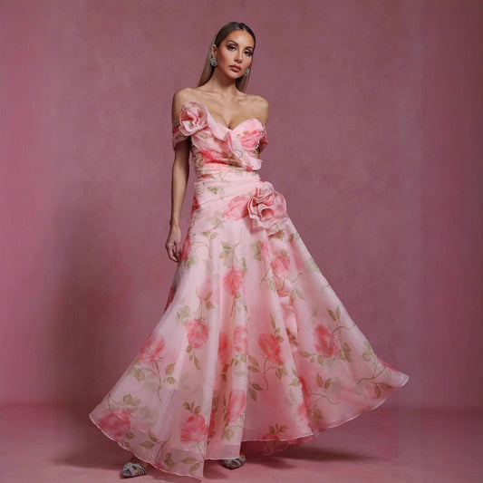 Floral Waist-Cinching Off-Shoulder Dress