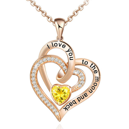 Necklace Double Heart Diamond Birthstone