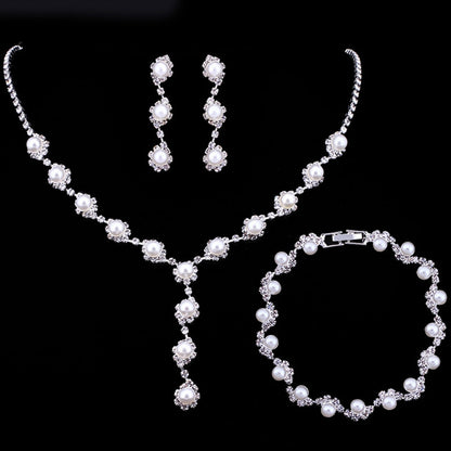 Luxury Shiny Rhinestone & Pearl Necklace, Bracelet and Earrings Jewelry Set