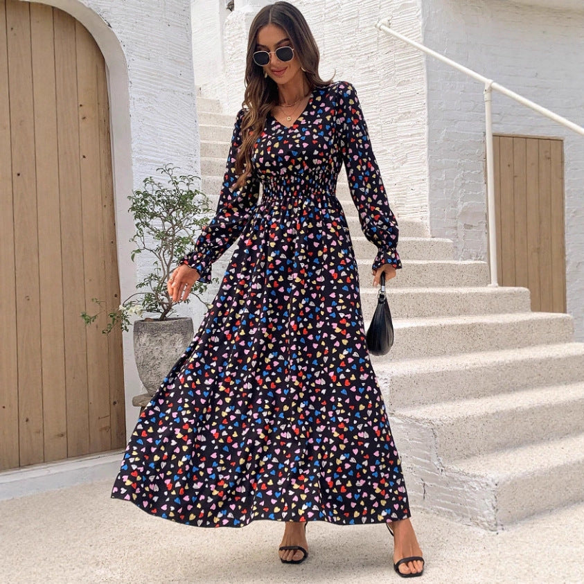 Floral-print V-neck Long-sleeve Swing Maxi Dress