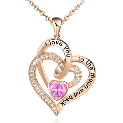Necklace Double Heart Diamond Birthstone