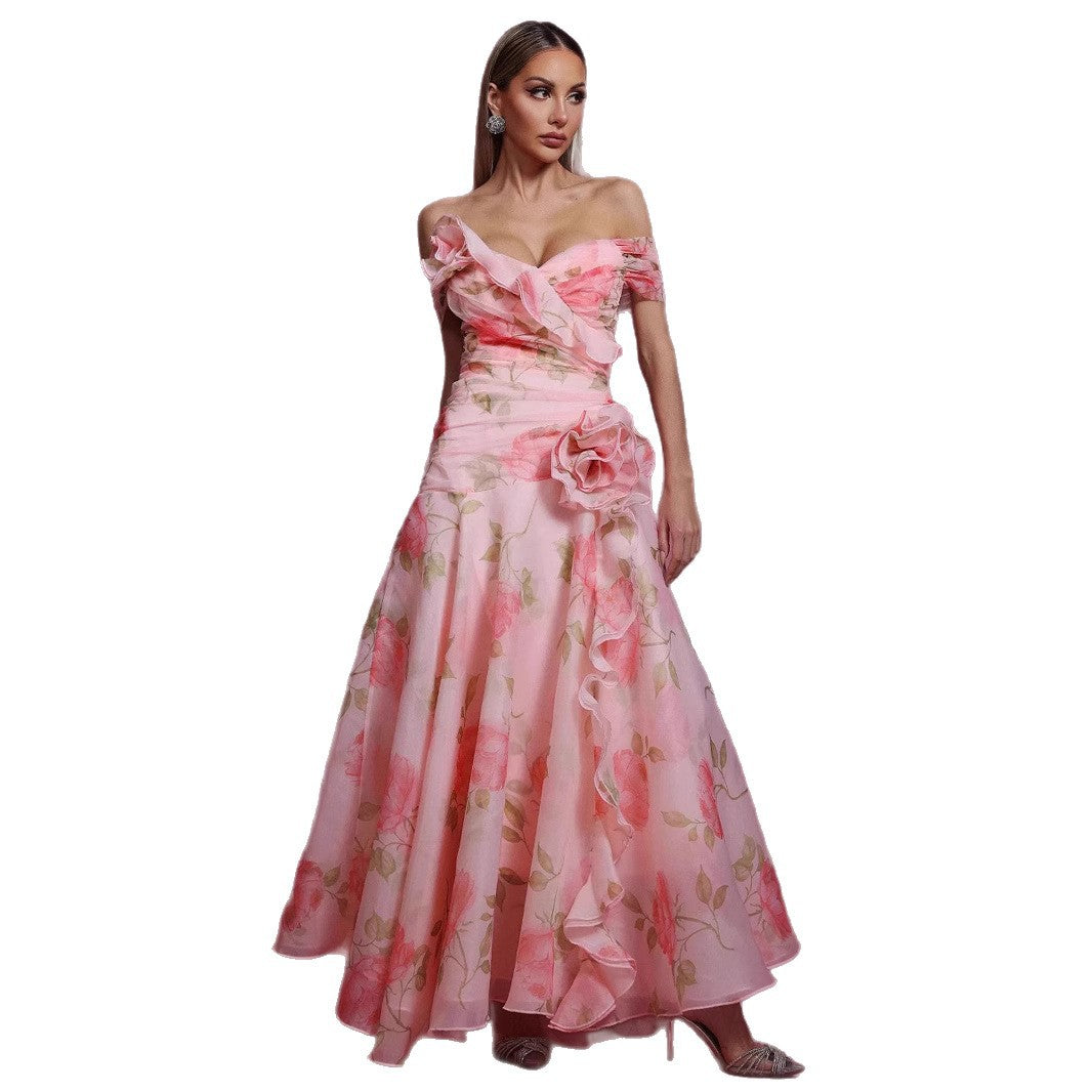 Floral Waist-Cinching Off-Shoulder Dress