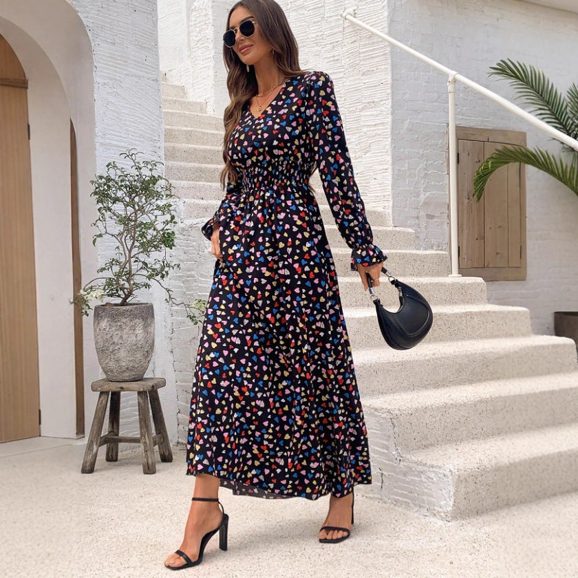 Floral-print V-neck Long-sleeve Swing Maxi Dress