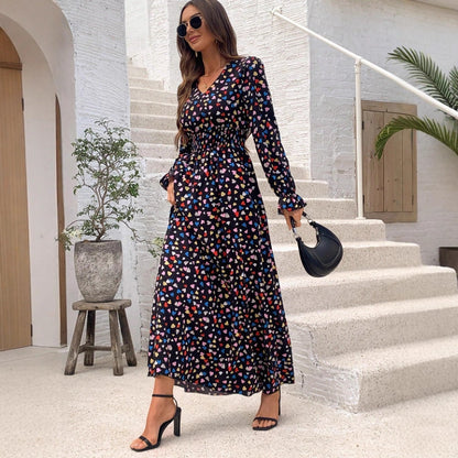 Floral-print V-neck Long-sleeve Swing Maxi Dress